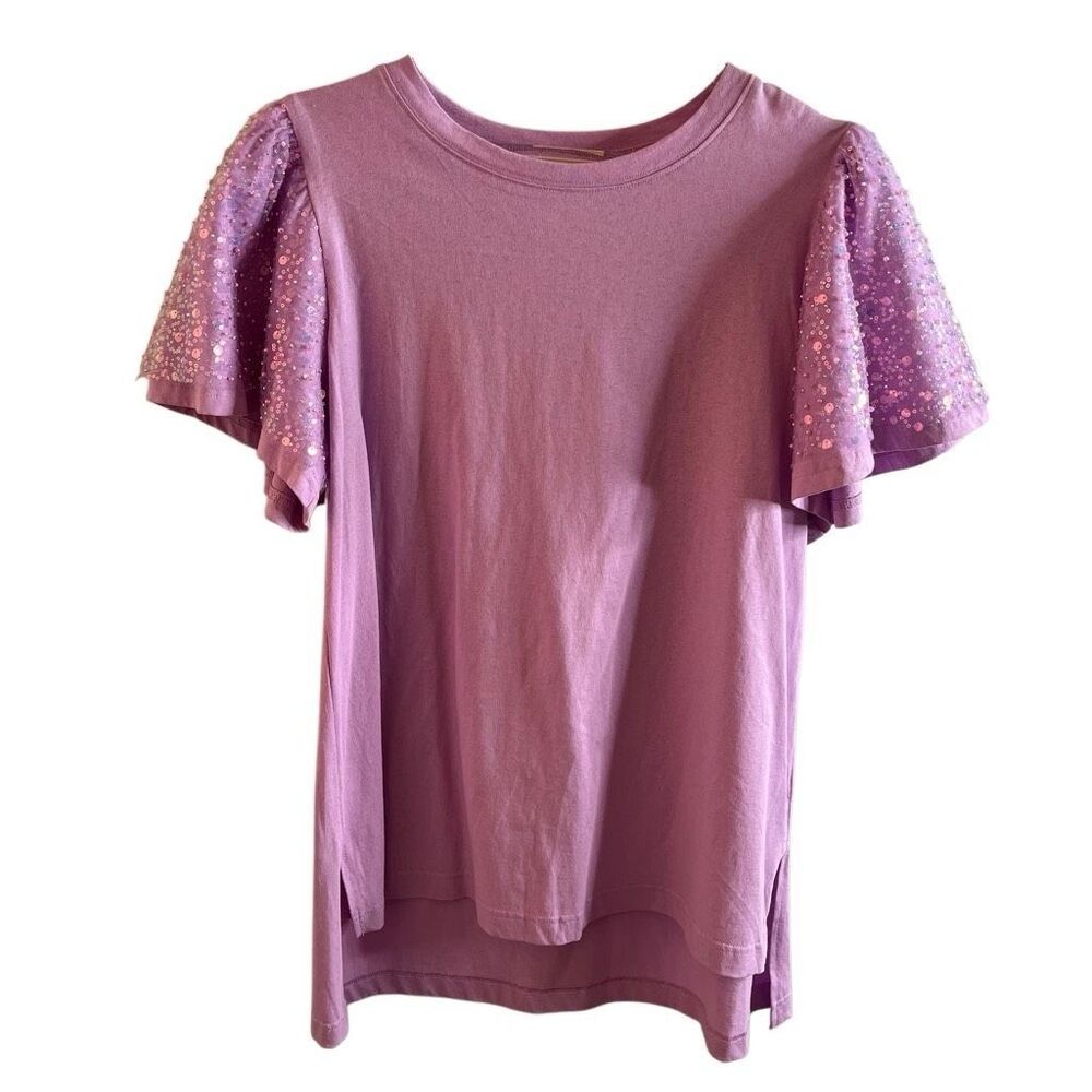 Fantastic‎ Fawn Sequin Sleeve Short Sleeve Purple Tee shirt top NWT